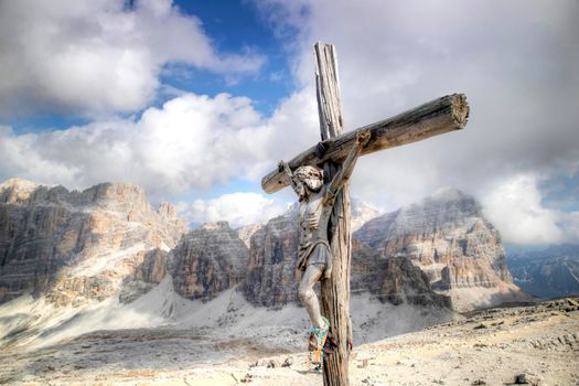 Dolomites, detail of the crucifix of the Tofane mountain group, a UNESCO World Heritage Site in Italy