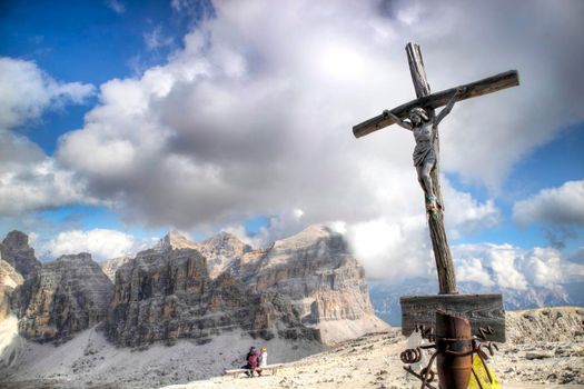 Dolomites, detail of the crucifix of the Tofane mountain group, a UNESCO World Heritage Site in Italy