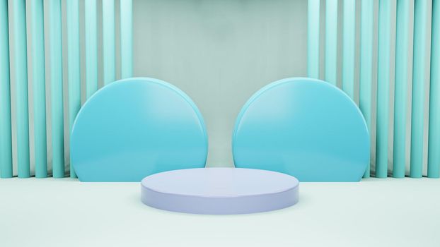 3D render illustration, Mock up podium for product presentation, pastel blue background, arc with curtains, Abstract composition in minimal design.