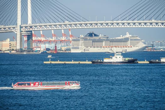 Yokohama Baybridge and luxury vessels. Shooting Location: Yokohama-city kanagawa prefecture