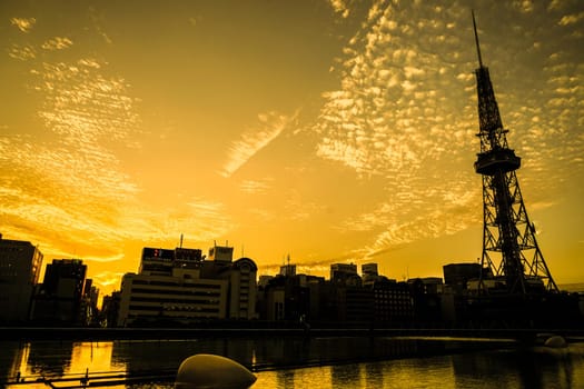 Nagoya TV Tower and evening scenery. Shooting Location: Aichi Prefecture, Nagoya City