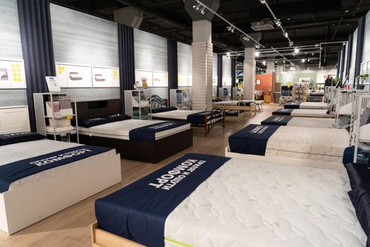 Grodno, Belarus - April 07, 2021: Interior of JYSK store in mall Triniti. Department for the sale of mattresses