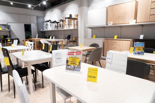 Grodno, Belarus - April 07, 2021: Interior of JYSK store in mall Triniti. Department for the sale of kitchen furniture.
