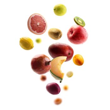 Fresh fruits levitate on a white background.