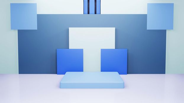 Abstract architectural background with white and blue boxes installation. 3d render illustration.