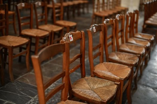 A church with empty seats during the coronavirus pandemic Covid-19.