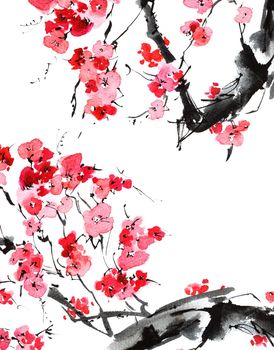 Watercolor and ink sketch - illustration of blossom sakura tree branch with flowers, oriental traditional sumi-e painting