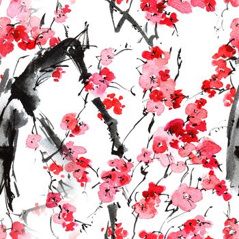 Watercolor seamless pattern - illustration of blossom sakura tree branch with pink flowers, oriental traditional sumi-e painting