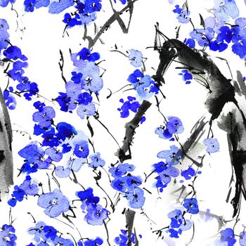 Watercolor seamless pattern - illustration of blossom tree branch with blue flowers, oriental traditional sumi-e painting