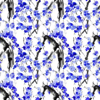 Watercolor seamless pattern - illustration of blossom tree branch with blue flowers, oriental traditional sumi-e painting