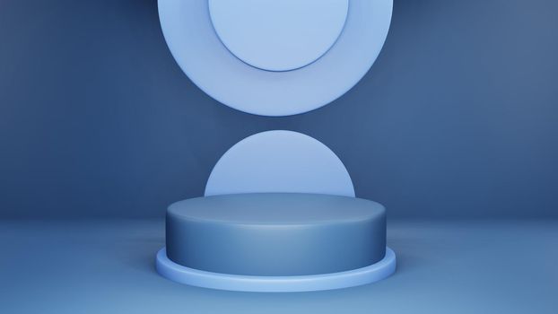3D rendering of classic blue shapes on minimal fashion background with a pedestal and showcase for cosmetic products. A scene with geometric forms