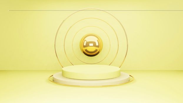 Podium for product presentation with yellow circles, 3d render background.