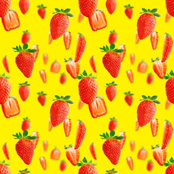 Fresh strawberry seamless pattern. Ripe strawberries isolated on yellow. Package design background. Falling strawberry selective focus.