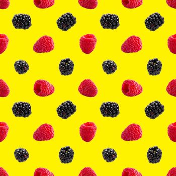 Seamless pattern with ripe raspberry and bramble. Berries abstract background. Raspberry and bramble pattern for package design with yellow background.
