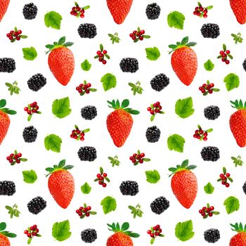 Falling berries seamless pattern isolated on white background, different flying forest berries. Strawberry, cranberry, bramble