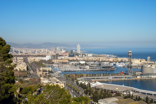 View to the coastline of Barcelona in Spain from Montjuic mountain