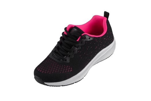 Black sneaker made of fabric with pink inserts with a white sole on a white background.