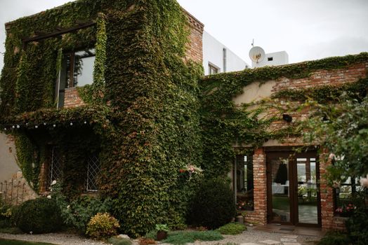 villa red brick restaurant overgrown with green wild grapes