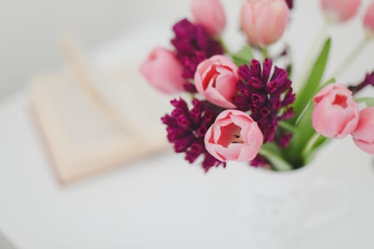 pink tulip bouquet in daylight. Spring stll life, birthday, Easter concept.