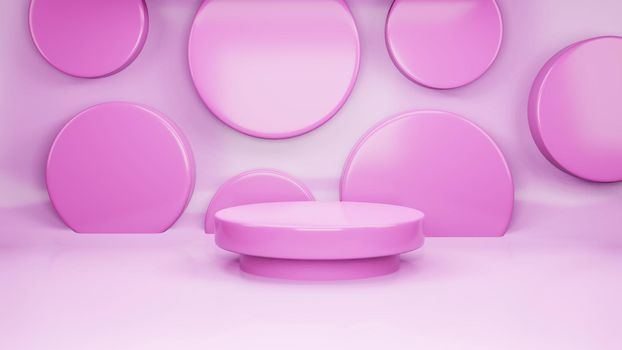 3D podium render of pink geometric background or texture. Bright pastel podium or pedestal backdrop. Blank minimal design concept. Stage for ceremony on pink pedestal background.