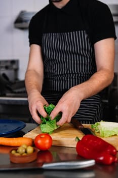 detail of the hands of a young man, dressed in a black polo shirt and a dark striped apron, cutting vegetables with a knife on a wooden board in a professional kitchen, on a table full of food. Cold and clean environment, background of professional aluminium tables and cooking fires of a restaurant.