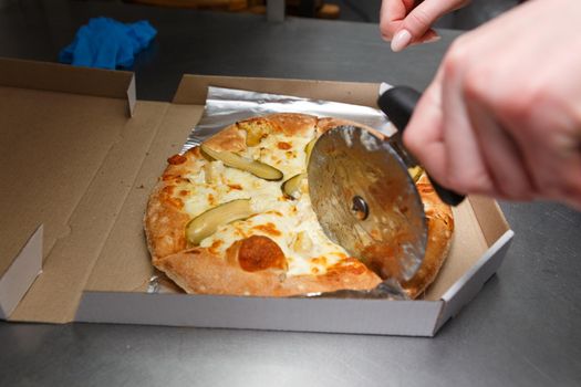 A woman holding cutting delicious fresh pizza by cutter in cardboard box. Delivery food concept.