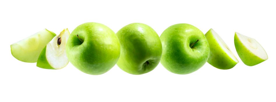 A group of green apples levitating on a white background.