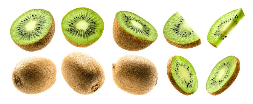 Kiwi fruit levitating on a white background.