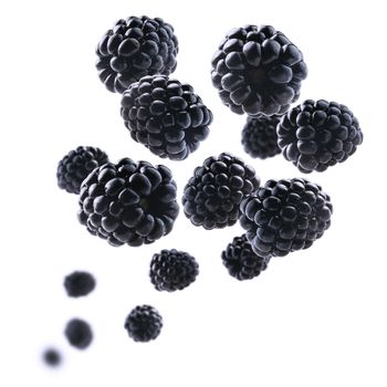 Ripe blackberries levitate on a white background.