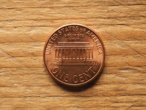 one cent coin reverse side showing Lincoln memorial, currency of the United States