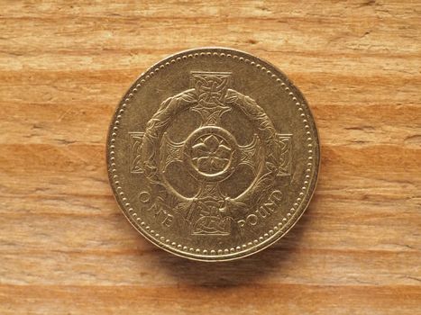 one pound coin reverse side showing Celtic cross with pimpernel flower and torc representing Northern Ireland, currency of the United Kingdom