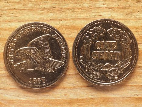 currency of the United States one dollar cent coin obverse showing Flying Eagle and reverse