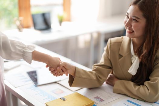 Confident business woman shaking hands during a meeting in the office, success, dealing, greeting and partner concept.