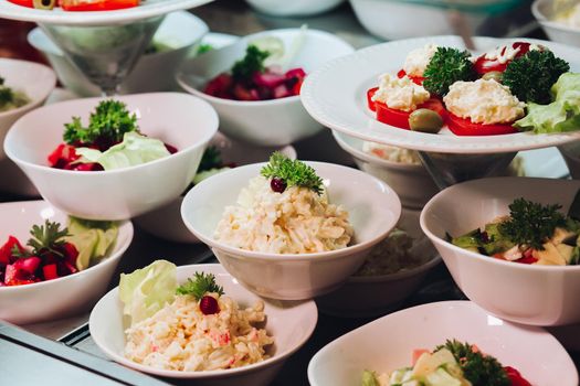 View of many round plates with tasty vegetables dish of salads with tomato, onion, zucchini, tomato and herbs. Big delicious for dinner in restaurant.