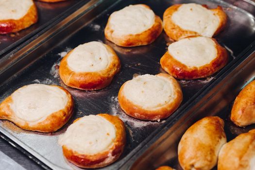 Delicious fresh baked flavored buns set made of sweet dough laying on big metallic dish standing in bakery kitchen. Looking mouthwatering, tasty. Laying near warm buns with cottage cheese feeling.