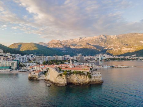 Old town in Budva in a beautiful summer day, Montenegro. Aerial image. Top view.