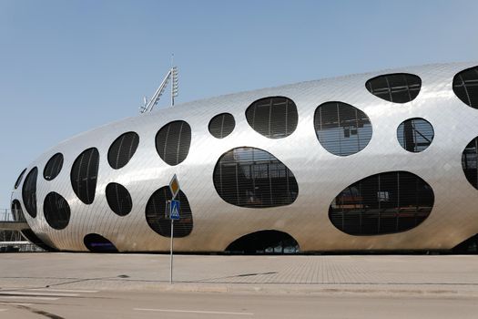Futuristic facade of the stadium Borisov Arena. Home stadium of Football Club BATE and the Belarus national football team. 