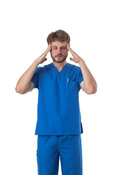 Male nurse stressed with headache isolated on white background