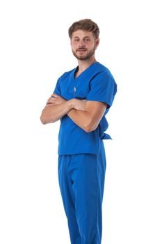 Male nurse standing with arms folded isolated on white background