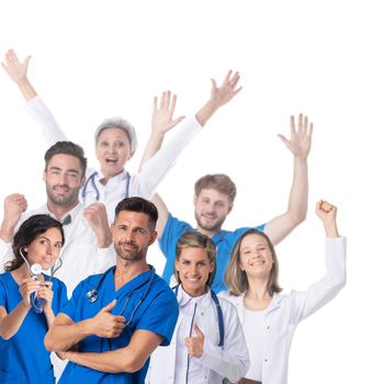 Group Of Happy Doctors Raising Their Arms isolated Against White Background
