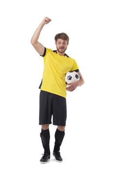 Full length portrait of a soccer player with ball isolated on white background