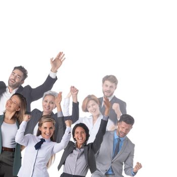 Business winners. Group of happy people in formal wear celebrating, gesturing, keeping arms raised and expressing positivity. Isolated on white background