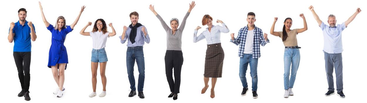 Collage of full length portriats of people in casual clothes isolated on white background, happy people with raised arms