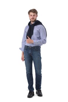 Full length portrait of handsome young business man in casual wear showing thumb up isolated on white background, casual people