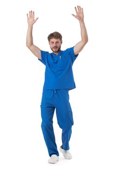 Male nurse with raised arms isolated on white background