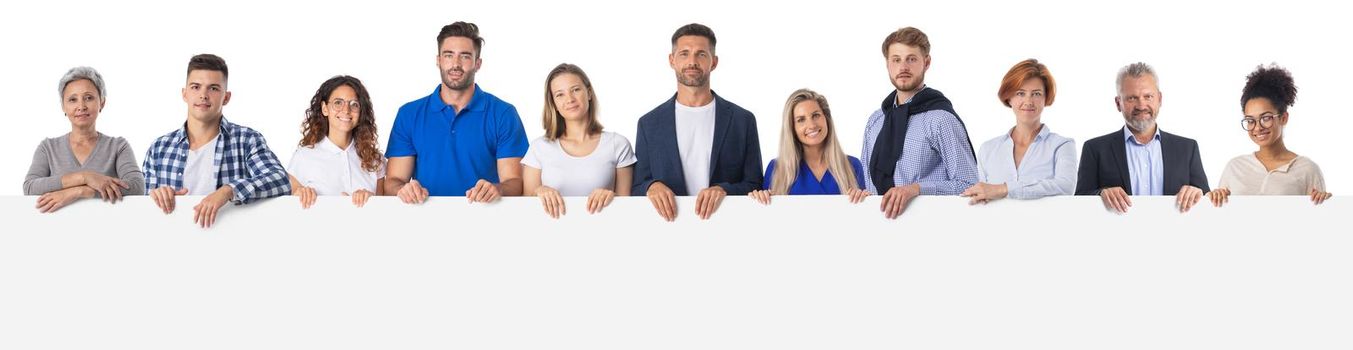 Confident creative business casual people team holding blank billboard isolated on white background, copy space for text content