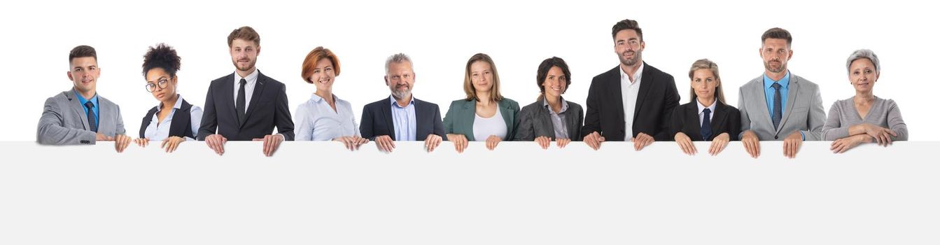 Group Of Happy Business people in formal wear holding big empty billboard studio isolated on white background, copy space for text content