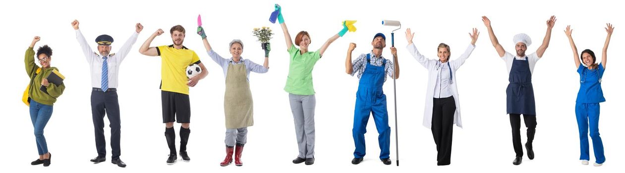 Set collage image of profession different workers woth raised arms isolated over white background, full length portrait