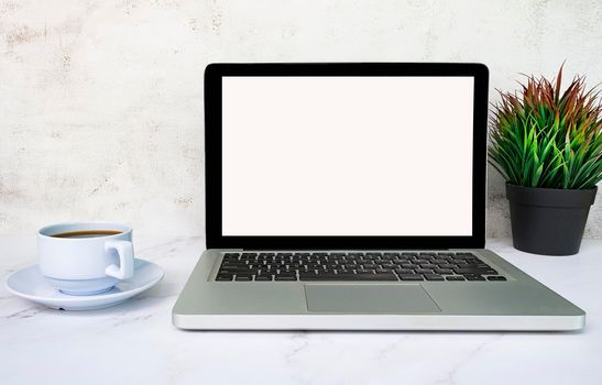 Laptop or notebook with blank screen, coffee and potted plant on white table. Business concept. Copy space.