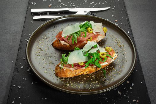 Healthy breakfast bruschetta, restaurant menu